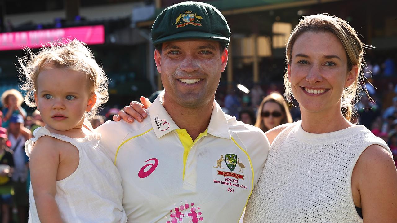 Alex Carey with wife Eloise and daughter Rose after the Sydney Test. Picture: Getty Images