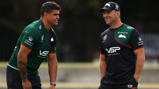 Latrell Mitchell and Jason Demetriou. Picture: Mark Kolbe/Getty