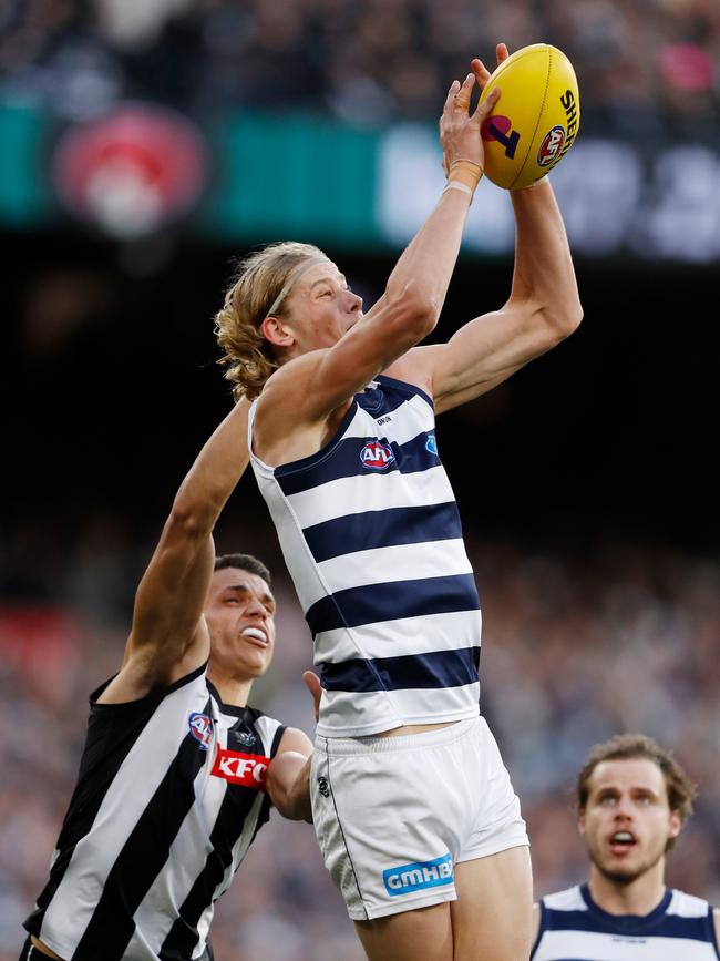 Sam De Koning hasn’t been outmarked in his last 19 1-on-1 marking contests. Picture: Dylan Burns/AFL Photos via Getty Images