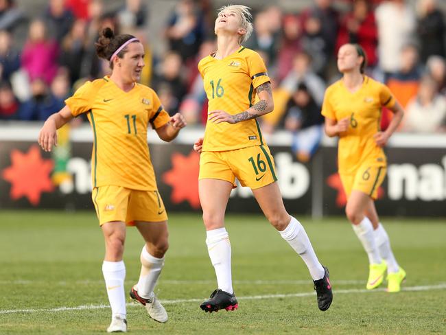 Michelle Heyman (16) reacts to missing a chance playing for Matildas in 2016. Picture: Jack Thomas/Getty Images