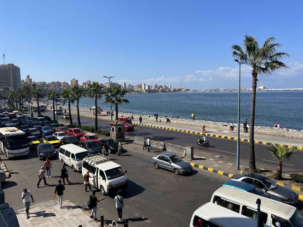 The busy main road around the harbour in Alexandria, Egypt.