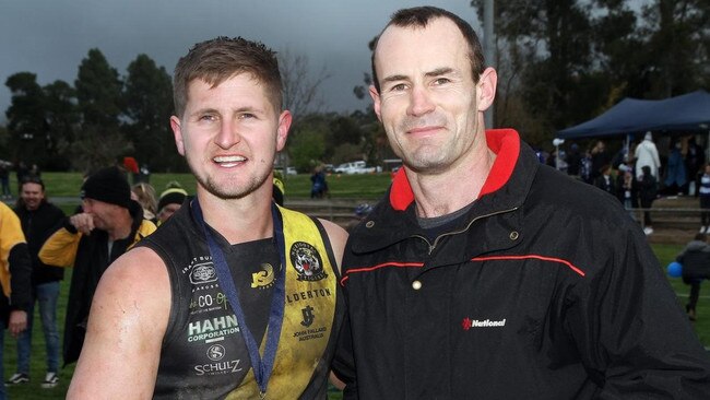 Barossa icon Shannon Hurn (right) with 2022 Hurn Medallist, Nuriootpa's Brad Hoepner. Picture: Peter Argent