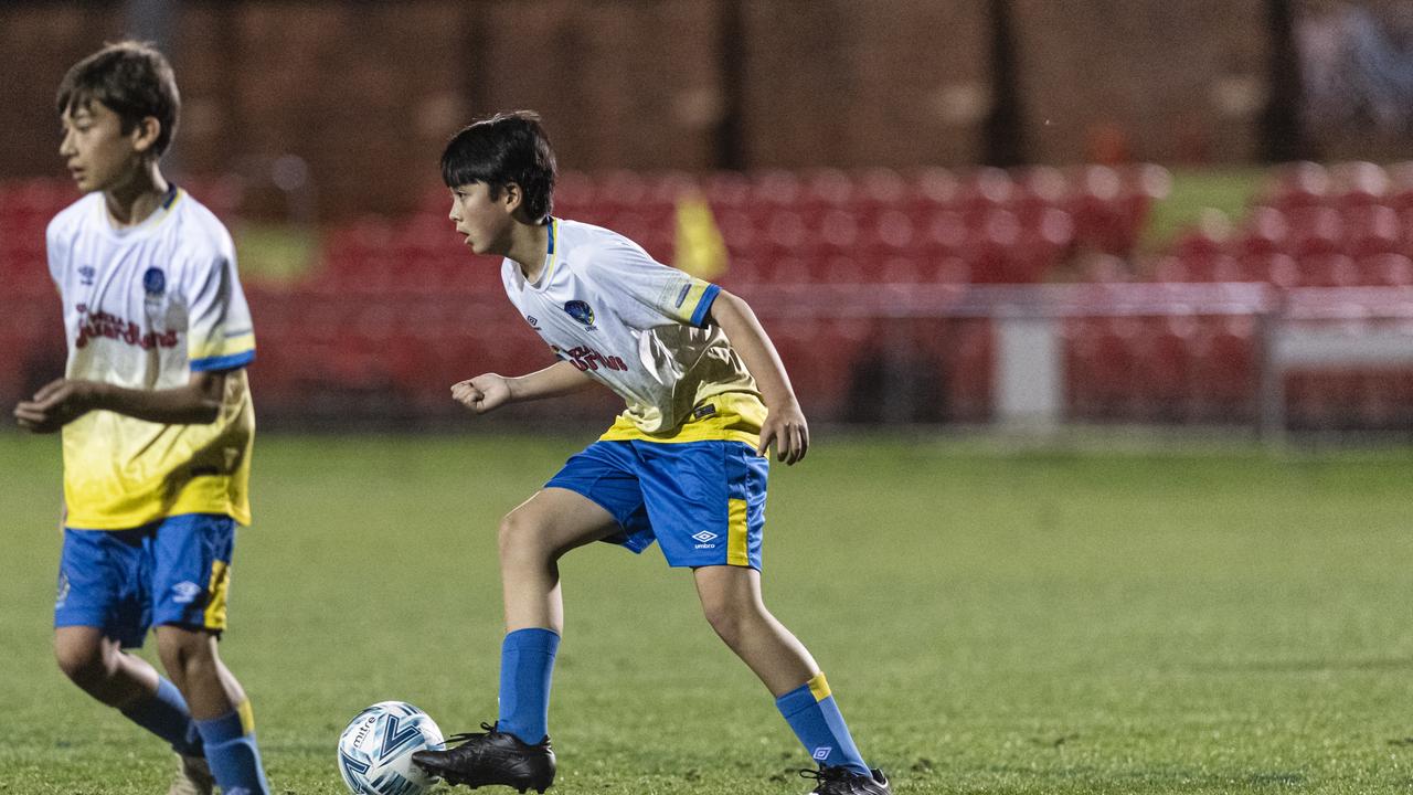 Oliver Hamilton of USQ FC against Rockville Rovers White in Football Queensland Darling Downs Community Juniors U13 Div 1 Maroon grand final at Clive Berghofer Stadium, Friday, August 30, 2024. Picture: Kevin Farmer