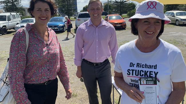 Labor Currumbin candidate Kaylee Campradt, Deputy Premier Steven Miles and former Currumbin LNP MP Jann Stuckey. Photo: Steven Miles / Twitter