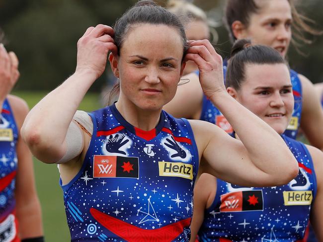 MELBOURNE, AUSTRALIA - SEPTEMBER 11: Daisy Pearce of the Demons looks on after a win during the 2022 S7 AFLW Round 03 match between the St Kilda Saints and the Narrm Demons at RSEA Park on September 11, 2022 in Melbourne, Australia. (Photo by Dylan Burns/AFL Photos via Getty Images)