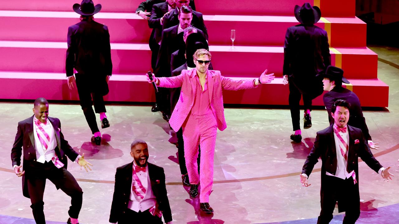 Ryan Gosling performs “I’m Just Ken” alongside Ncuti Gatwa, Kingsley Ben-Adir and Simu Liu perform at the Oscars. Picture: Kevin Winter/Getty Images
