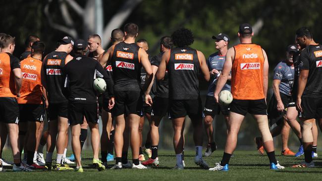 Coach Michael Maguire talks to the team at training. Picture: Brett Costello