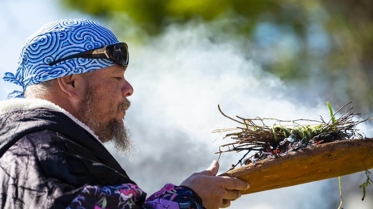 Jarowair-Wakka Wakka man Conrad Bauwens conducts a Smoking Ceremony. Picture: Kevin Farmer