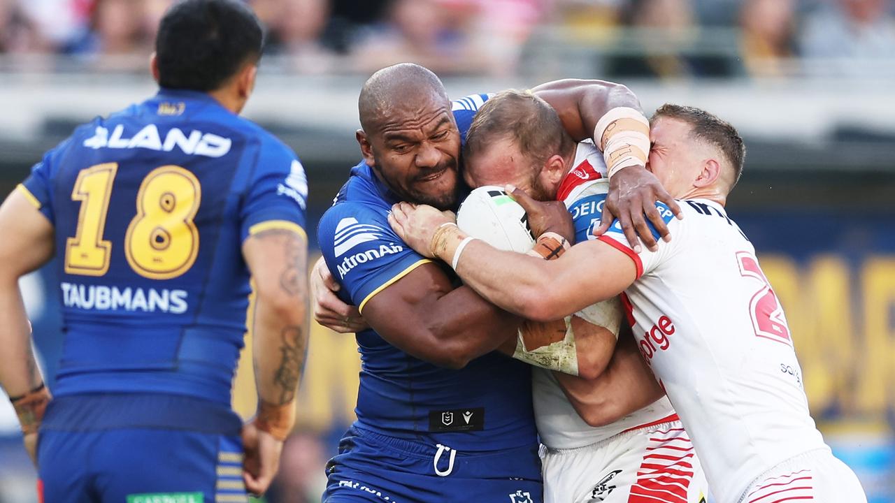 SYDNEY, AUSTRALIA - AUGUST 31: Maika Sivo of the Eels is tackled during the round 26 NRL match between Parramatta Eels and St George Illawarra Dragons at CommBank Stadium, on August 31, 2024, in Sydney, Australia. (Photo by Matt King/Getty Images)