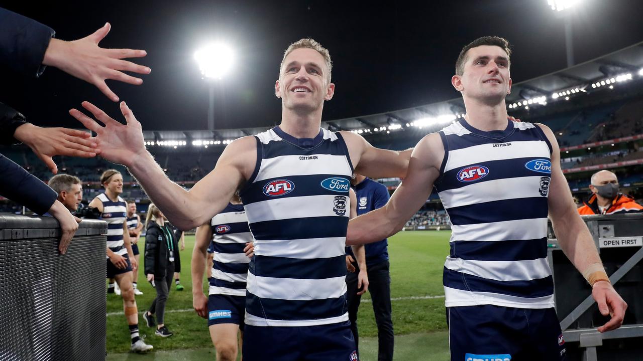 Joel Selwood and Mark OConnor of the Cats. Photo by Dylan Burns/AFL Photos via Getty Images