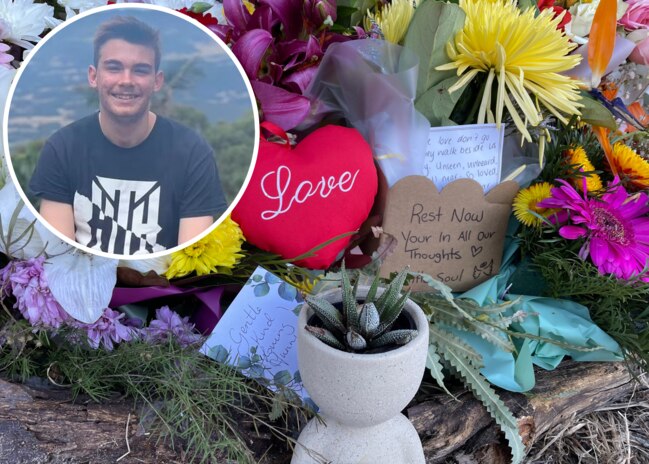Flowers and messages at the scene of the fatal Coffs Harbour stabbing of surfer Kye Schaefer, 21. Picture: Janine Watson/NewsLocal and (inset) Facebook