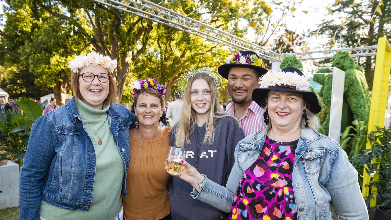 At the Festival of Food and Wine are (from left) Charmaine Cassidy, Bec Henderson, Brinli Jones, Taj Reihana and Nic McGovern, Carnival of Flowers 2022, Saturday, September 10, 2022. Picture: Kevin Farmer