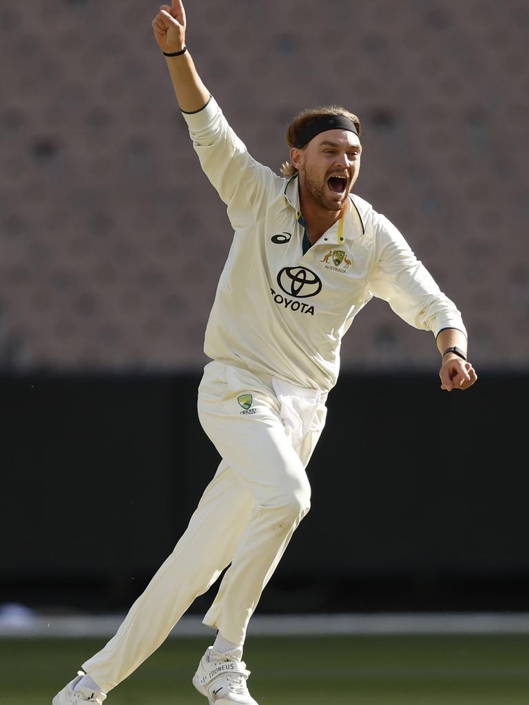 Corey Rocchiccioli of Australia A celebrates the wicket of KL Rahul. Photo by Darrian Traynor/Getty Images.