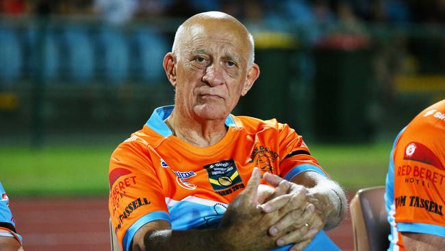 Cairns mayor Bob Manning sits on the sideline waiting to run on in the Legends of League rugby league match between the Australian Team of NRL Legends and the FNQ All Stars. PICTURE: BRENDAN RADKE