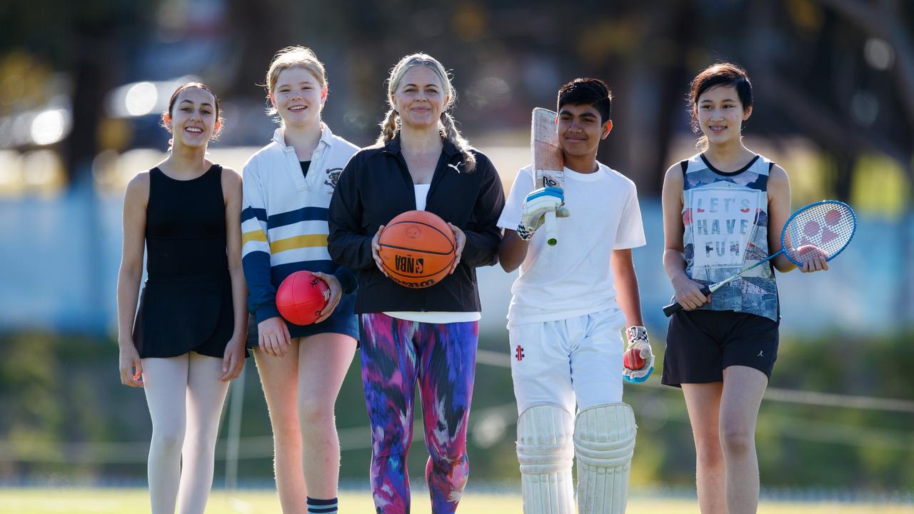 Kids in different sport codes (L-R) Annalise Calabria, 13, Genie Anderson, 13, Taryn Brumfitt, Pranav Anthony, 13, Charlie Gardener, 13. Picture: Matt Turner