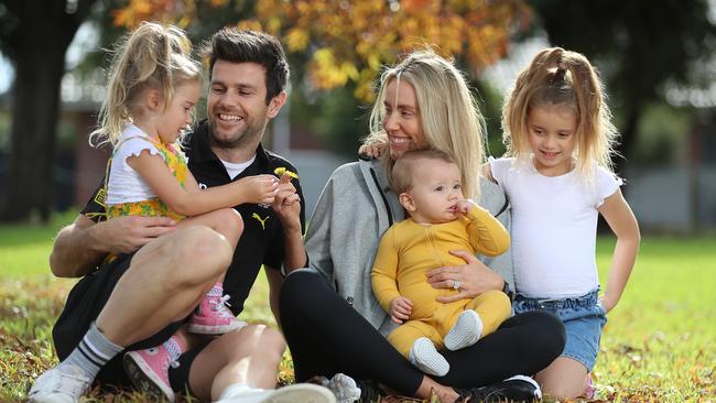 Richmond captain Trent Cotchin, with his wife Brooke and their three children Harper, Mackenzie and Parker ahead of Mother's Day. Picture: Alex Coppel.