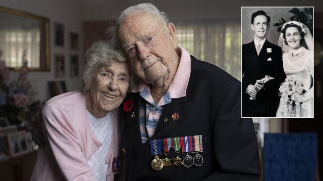 Australia’s last surviving World War II coastwatcher, Jim Burrowes, 101, and wife Beryl, 100, also a WWII veteran; and, inset, Jim and Beryl on their wedding day in 1951. Main picture: Arsineh Houspian