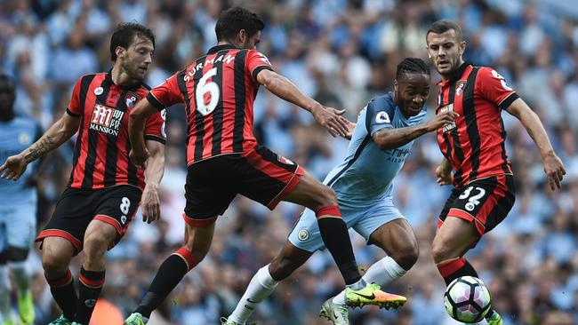 Manchester City’s Raheem Sterling cuts through the Bournemouth defence.