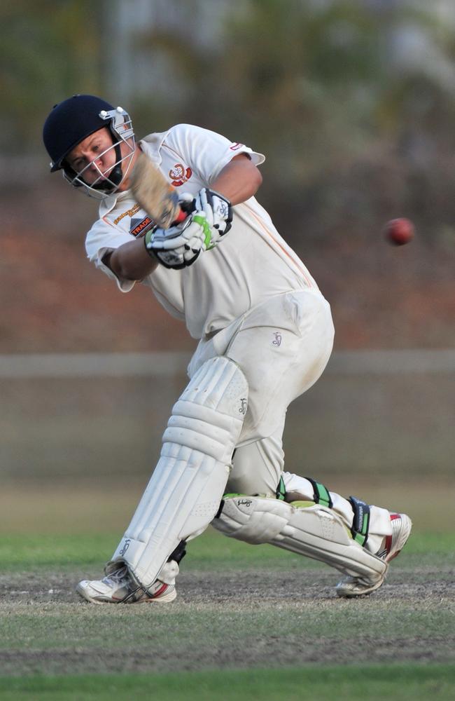 Tracy Village batsman Craig Cachopa hits out.