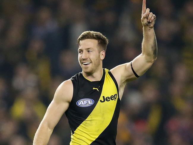 AFL Round 15. 28/06/2018.  Richmond v Sydney at Etihad Stadium.  Richmond's Kane Lambert celebrates his goal in the fourth quarter  . Pic: Michael Klein