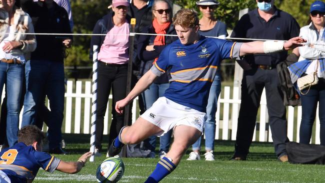 Churchie player Zack Lamont kicks for goal. First XV rugby union between home team Churchie and TSS. Saturday July 24, 2021. Picture, John Gass