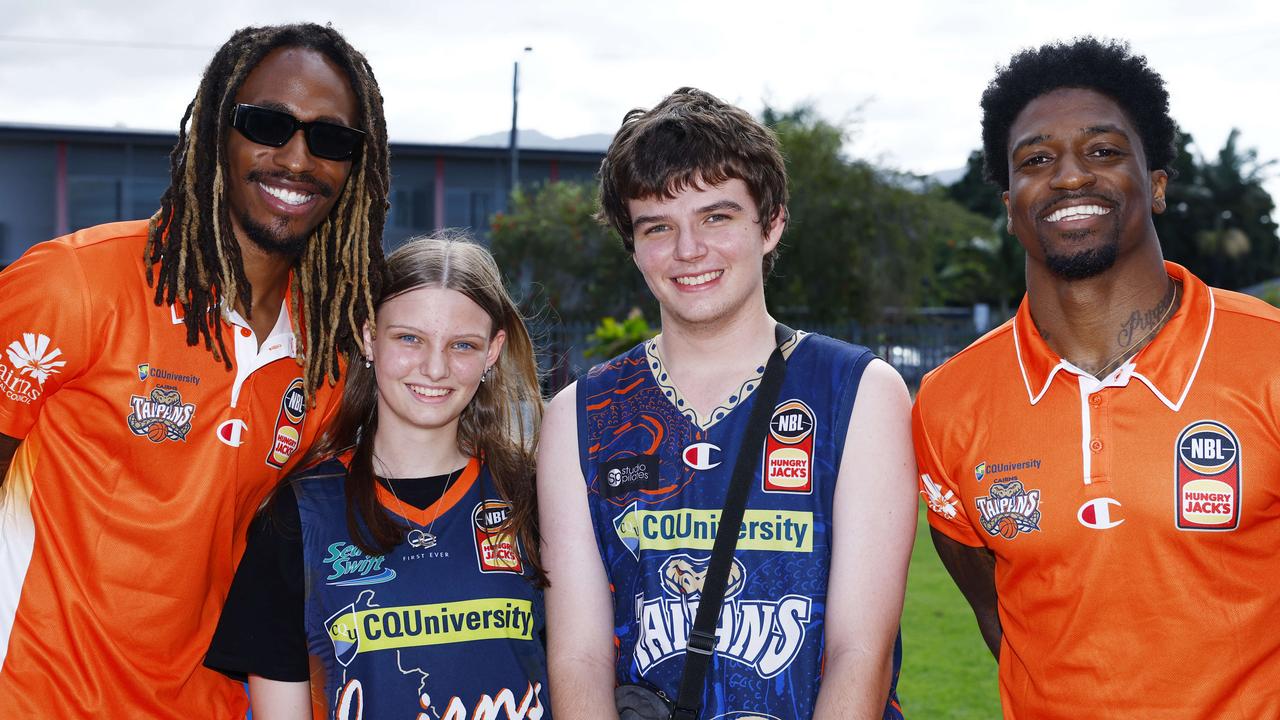 Tahjere McCall, Ellie Dowie-Ward, 12, Lawson Venters, 17, and Patrick Miller at the Cairns Taipans' annual fan day, held at Tobruk Memorial Pool. Picture: Brendan Radke