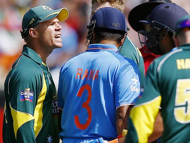 Warner appeared to say “Speak English” to Rohit Sharma.