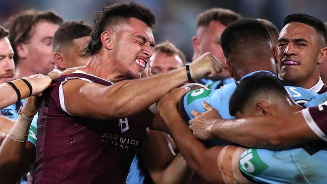 Tino Fa'asuamaleaui and Payne Haas came to blows in the second State of Origin clash. Picture: Mark Kolbe/Getty Images