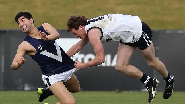 North Warrnambool’s Sam James, left, playing for Vic Country in 2018. Picture Yuri Kouzmin