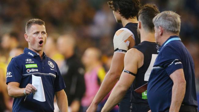 Blues coach Brendon Bolton talking to his players. Picture: Getty Images