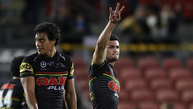 Penrith's Nathan Cleary celebrates victory. Picture: Brett Costello