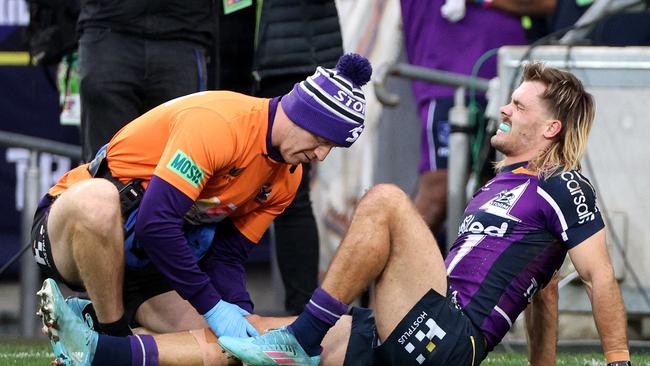 Papenhuyzen suffered a shattered patella after a knee-on-knee collision with Jack Wighton, in Round 18 2022. Picture: NRL Imagery.