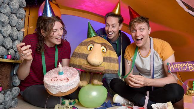 Zoe Dunwoodie, Matthew Crook and Tim Overton help Windmill Theatre's show Grug celebrate its 10th birthday with a season at the Dunstan Playhouse. Picture: Naomi Jellicoe