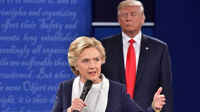 Hillary Clinton and Doanld Trump go head to head during their second presidential debate in Missouri in 2016. Picture: AFP