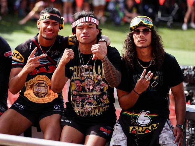 NRL 2023 GF PENRITH PANTHERS  FAN CELEBRATIONS.  STEPHEN CRICHTON BRIAN TO'O JAROME LUAI. PICTURE: NRL PHOTOS