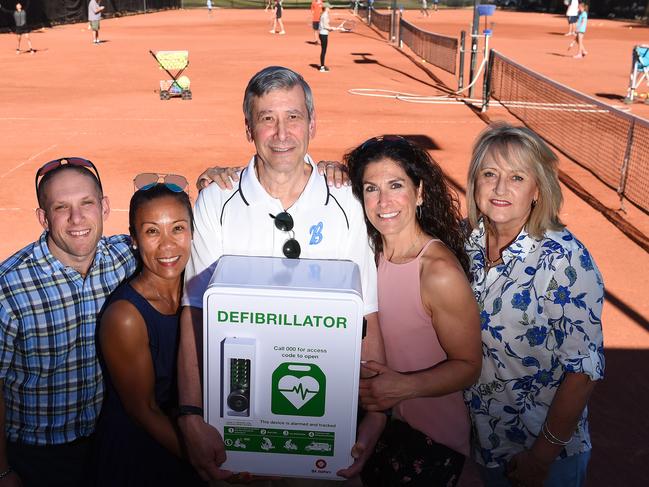 Jeff Fein collapsed on court during a social match. Players Jeff Klyne, Edith Kaminsky, Rivka Garson and Karen Oliver helped save him. Picture: Josie Hayden