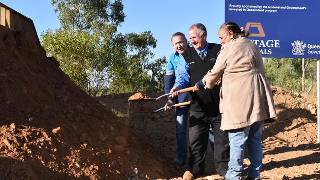 Heritage Minerals CEO Malcolm Paterson, Rockhampton Regional Council Deputy Mayor Neil Fisher and Gangulu representative Natalie officially turn the sod on the Mount Morgan Tailings Processing and Rehabilitation Project.