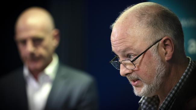 Acting Director of Public Health Dr Mark Veitch and Tasmanian Premier Peter Gutwein during a press conference at Hobart. Picture CHRIS KIDD