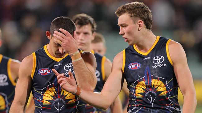 Taylor Walker had his head in his hands after a wayward night in front of goal, which was the difference between a Crows win or loss. Picture: Daniel Kalisz/Getty Images