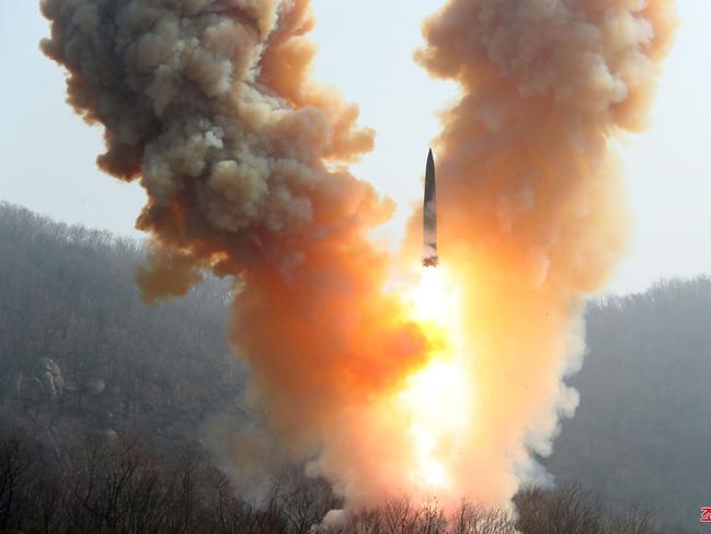 A North Korean warhead missile launch exercise simulating a tactical nuclear attack in Cholsan county, North Pyongan Province. Picture: KCNA VIA KNS / AFP