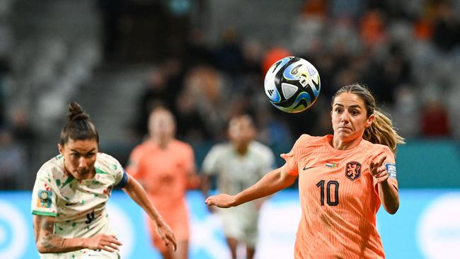 Danielle Van de Donk is one half of an Aussie football power couple with defender Ellie Carpenter. (Photo by Sanka Vidanagama / AFP)