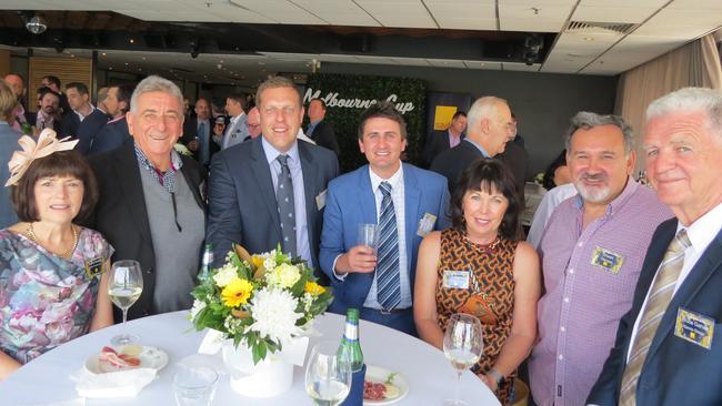 Jayne Wadley (Wadley Property Group), Warren Wadley (Wadley Property Group), Leon Alaban (Savills), Christian Tsalikis (Savills), Lyn Garvie (Garvie Group), Shadd Danesi, Bruce Garvie (Garvie Group) at the Savills Melbourne Cup day celebrations at Fridays in the Brisbane CBD.