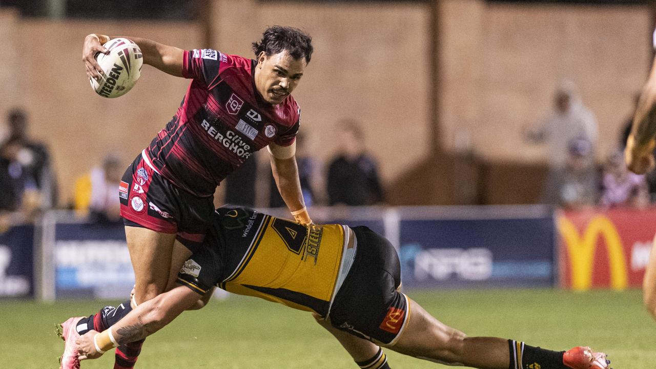 Denzel Burns of Valleys tackled by Nicholas Short of Gatton in TRL Hutchinson Builders A-grade grand final rugby league at Toowoomba Sports Ground, Saturday, September 14, 2024. Picture: Kevin Farmer