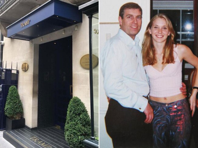 Entrance to Tramp Night Club in London. Picture: Facebook and controversial picture of Prince Andrew and Virginia Giuffre Supplied