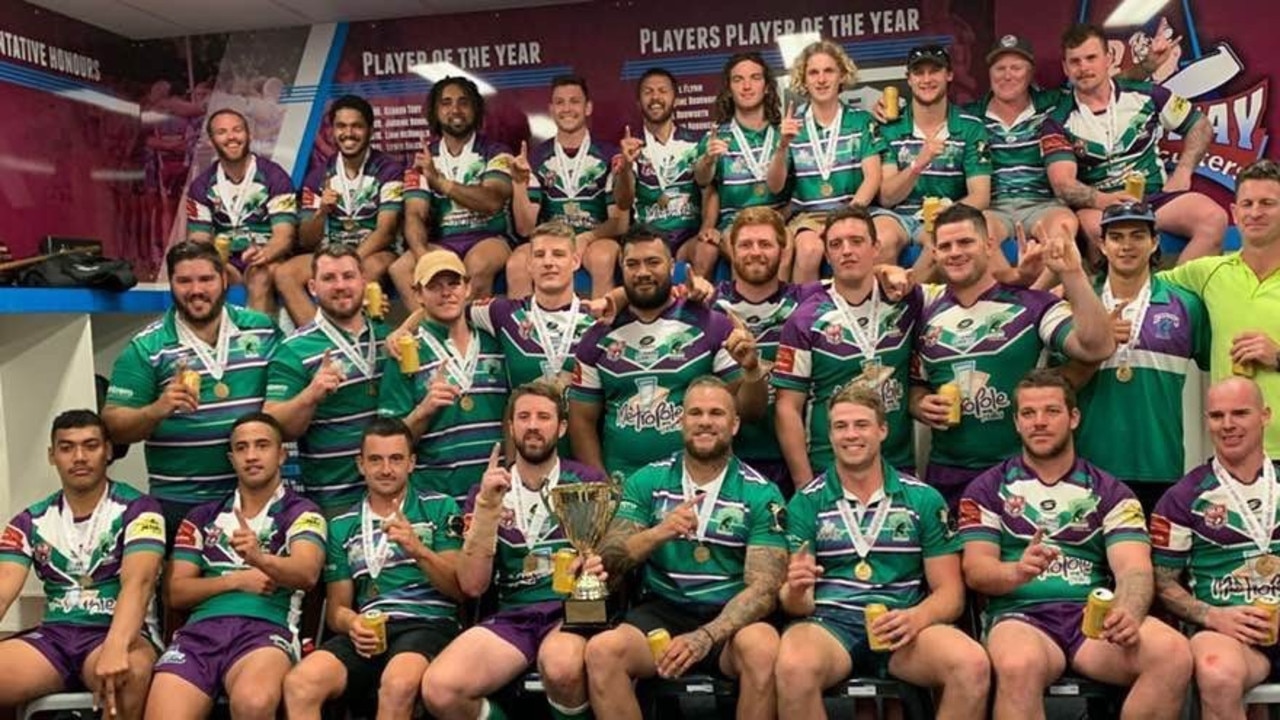 The Whitsunday Brahmans with their winners medals and cup after winning the the 2019 Mackay District Rugby League A-grade final.