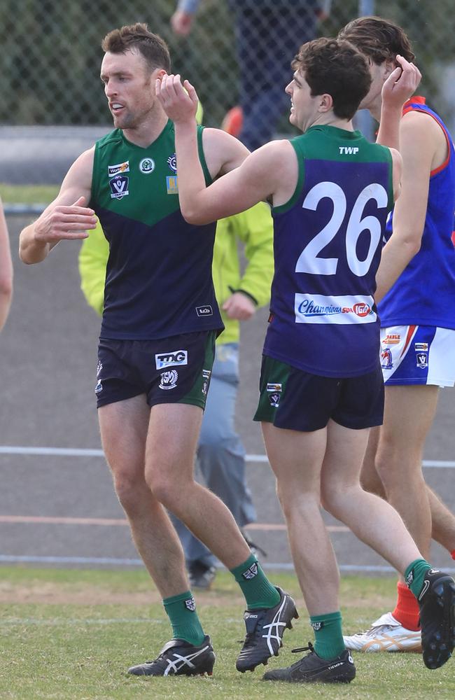 Football GFL Qualifying Final: Sam Dobson celebrates with Harry McMahon Picture: Mark Wilson