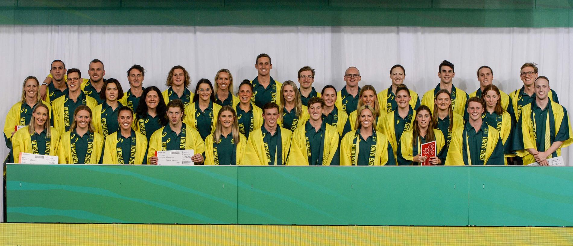 The full Australian Olympic swimming team poses for photos after the Australian swimming trials in Adelaide. Picture: AFP