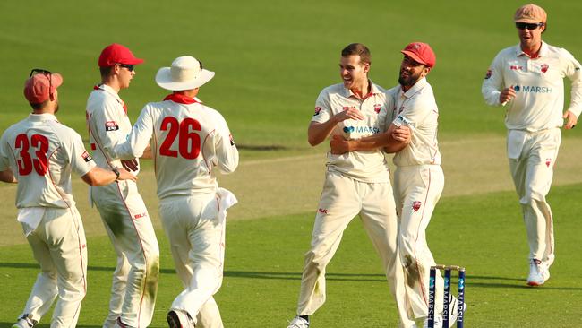 Nick Winter and the Redbacks celebrate a wicket. Picture: Chris Hyde/Getty Images