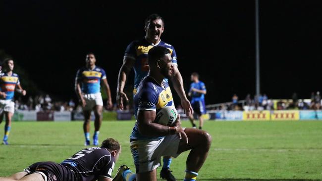 Gold Coast Titans centre Greg Marzhew celebrates scoring a try during a pre-season trial against Burleigh Bears at Pizzey Park. February 20, 2021. Photo Jason O'Brien