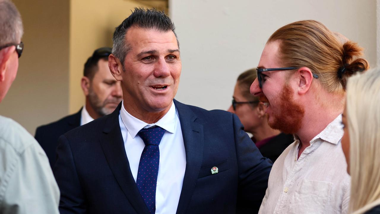 Scott Sattler during the funeral for Souths legend John Sattler on the Gold Coast. Picture: NCA NewsWire/Tertius Pickard